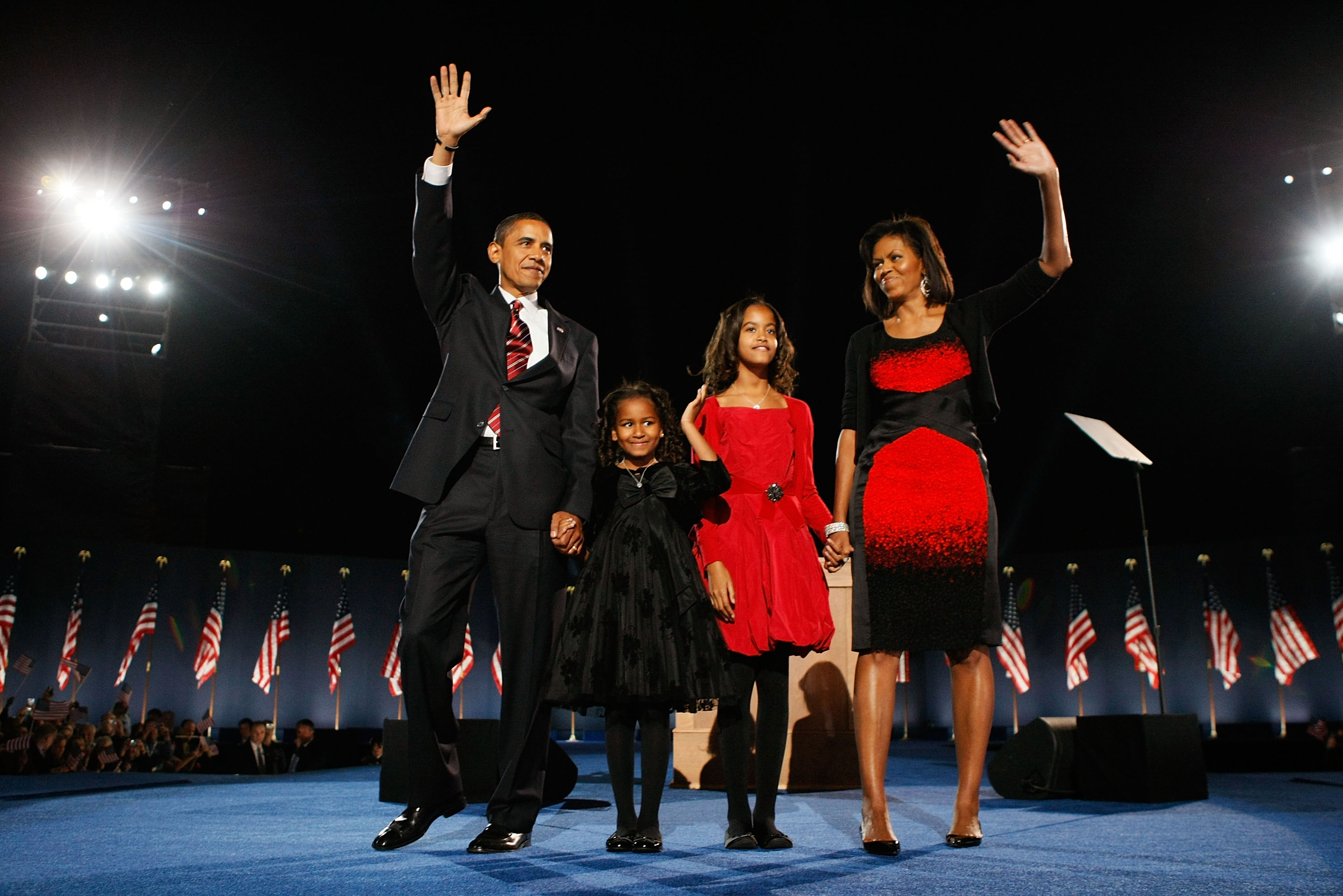 Malia and Sasha joined their parents on the Grant Park stage in 2008, turning Barack’s election-night appearance into a family moment as well as a political one. | Source: Getty Images