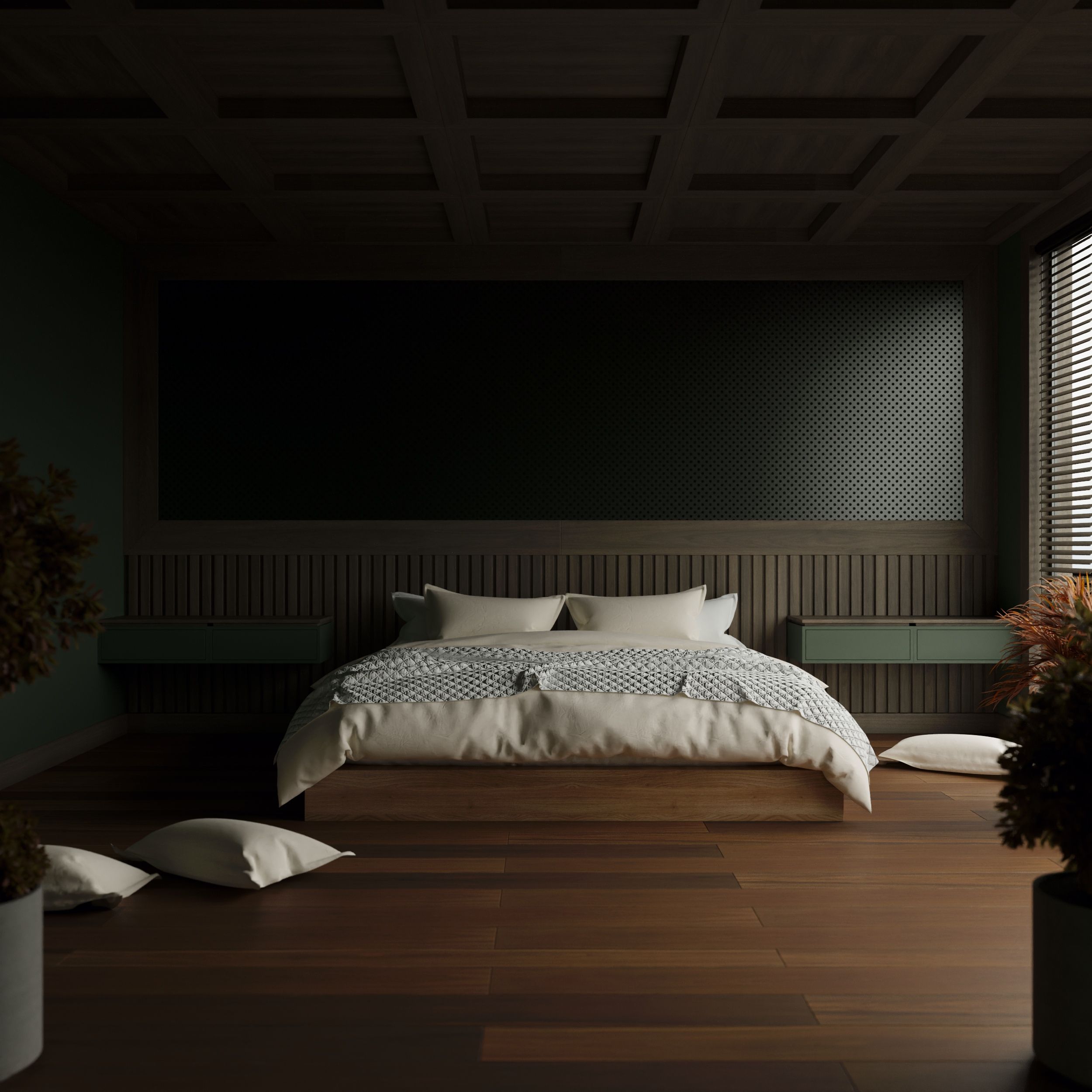 A modern bedroom featuring a low bed, wooden flooring, and dark walls. | Source: Pexels