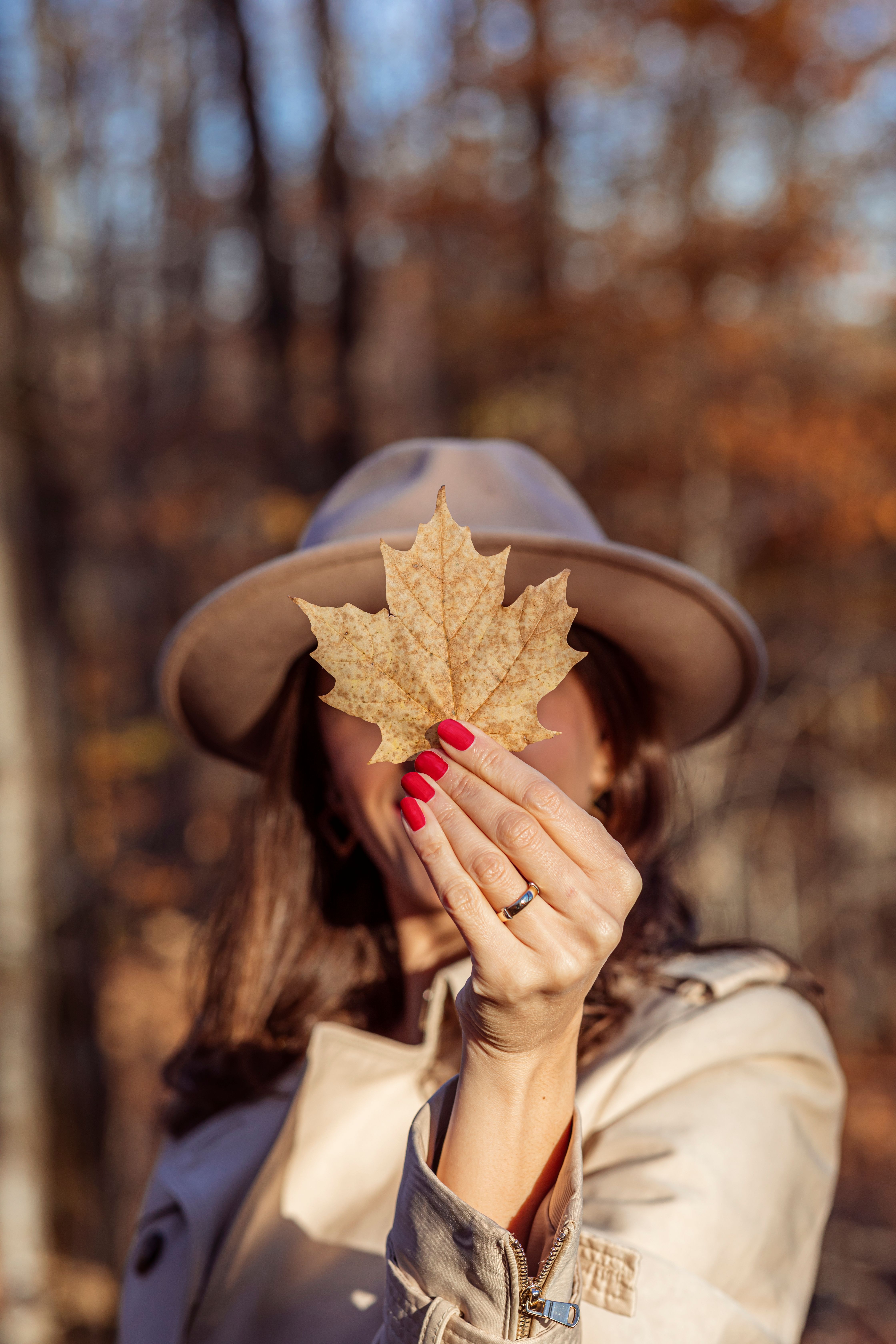 Woman with red manicure holding up a leaf | Source: Pexels