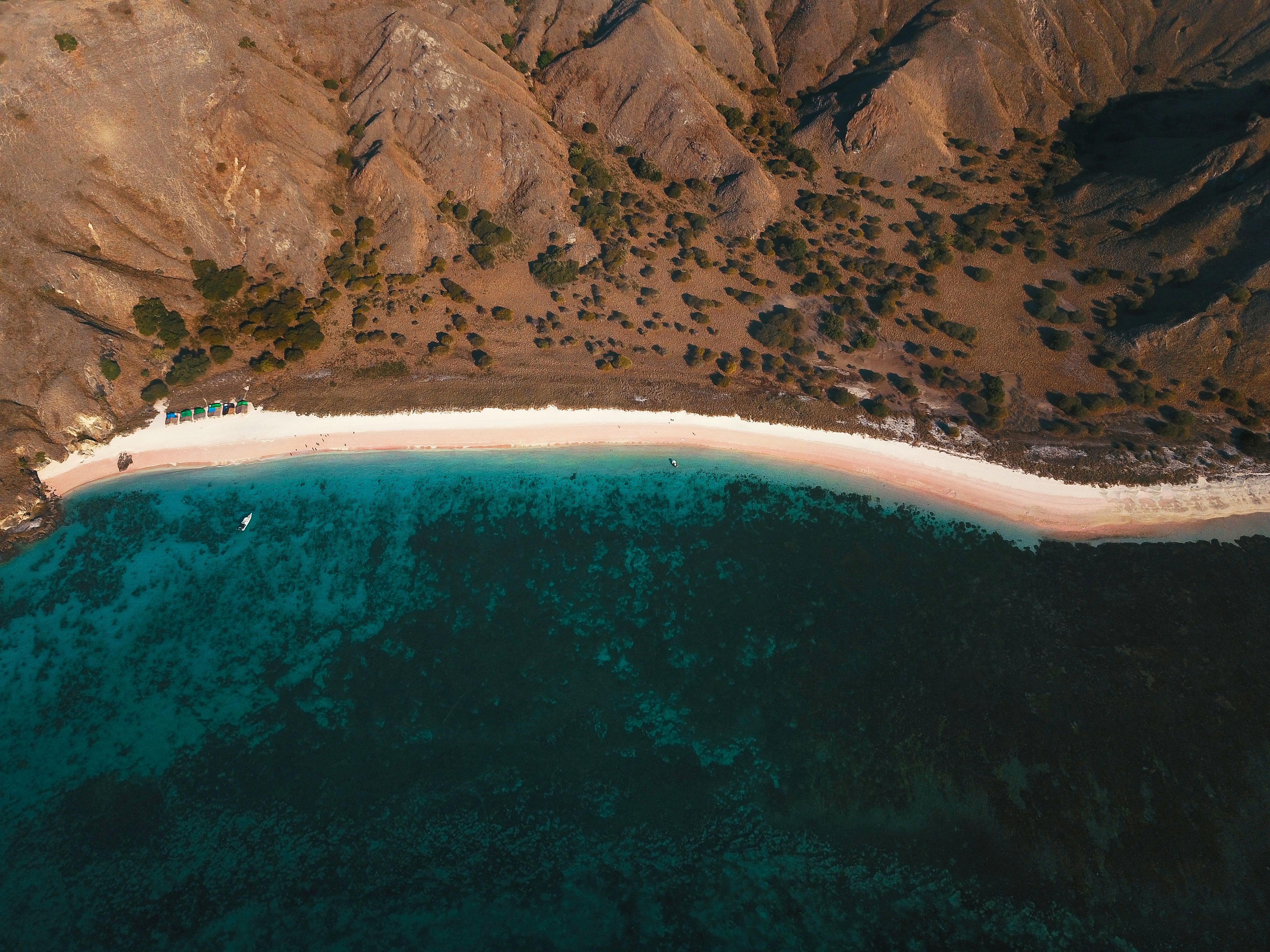 An aerial view of a curved pink sand beach beside turquoise water and a dry, hilly shoreline. | Source: Pexels