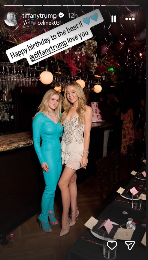 Tiffany Trump posed for another birthday portrait with a guest in a bright turquoise outfit, showing off her embellished minidress and pointed heels against the restaurant's festive backdrop. | Source: Instagram/tiffanytrump