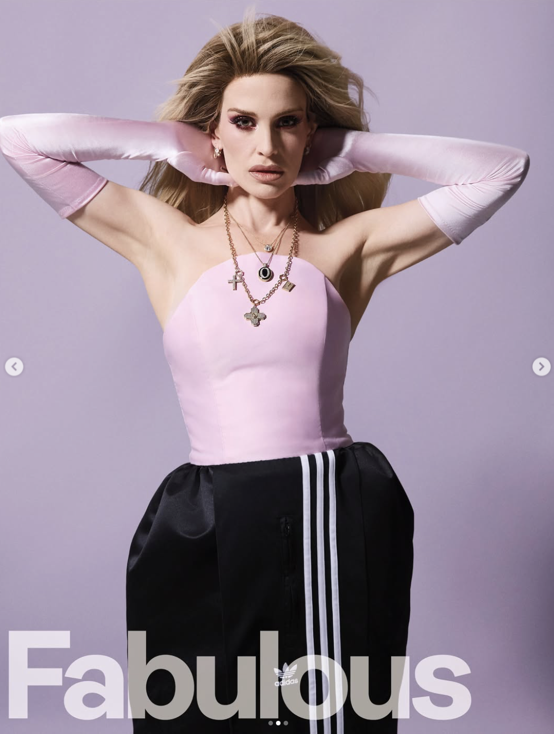 Kelly Osbourne revealed her latest look in a new Fabulous magazine photoshoot, posing in a pale pink corset with matching gloves and black Adidas trousers after revealing she had regained nearly 30 pounds since the BRIT Awards. | Source: Instagram/@ kellyosbourne