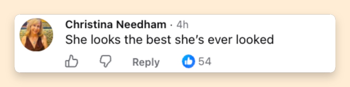 This reaction pushed the praise beyond the gown itself, with the viewer calling Hathaway’s current appearance her best yet. | Source: Facebook