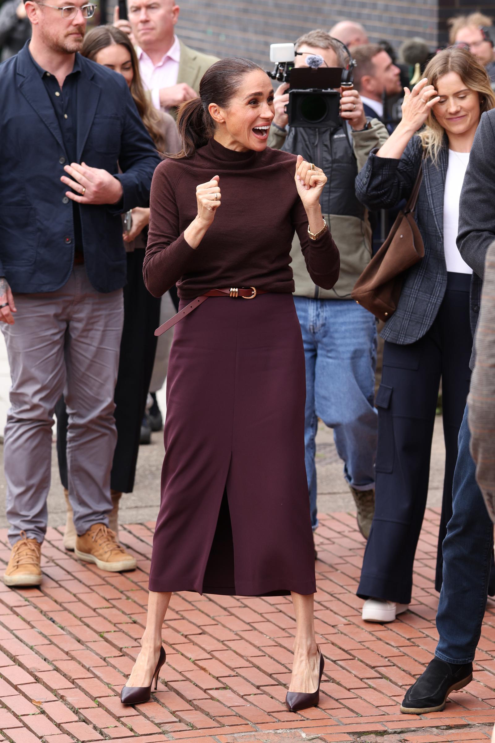 Meghan, Duchess of Sussex, and Prince Harry, Duke of Sussex, arrive at Himmah Hub, a food poverty community action group, during their visit to Nottingham on October 15, 2026. | Source: Getty Images