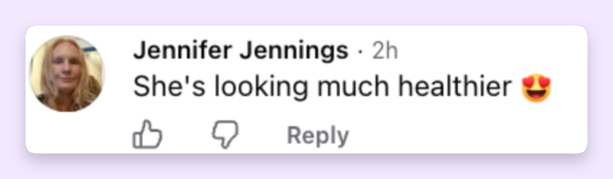 Another commenter expressed admiration for Kelly's recent transformation, welcoming the changes visible in her new pictures. | Source: Facebook/ People