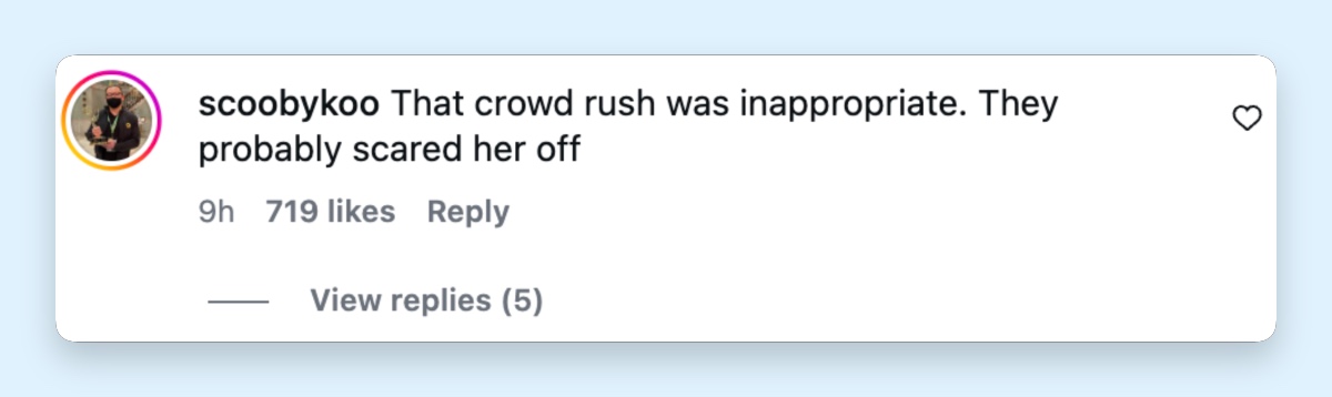 The sudden rush around Angelina made some viewers worry the crowd had crossed a line, with one person saying the scene may have scared her off. | Source: Instagram