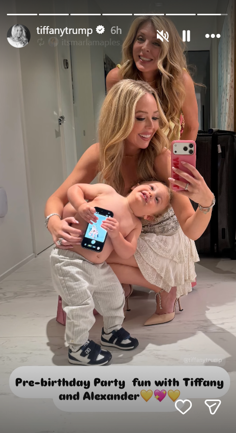 Marla Maples shared a behind-the-scenes moment with Tiffany Trump and her grandson, Alexander, before the birthday festivities, as Tiffany held the toddler during a mirror selfie. | Source: Instagram/itsmarlamaples