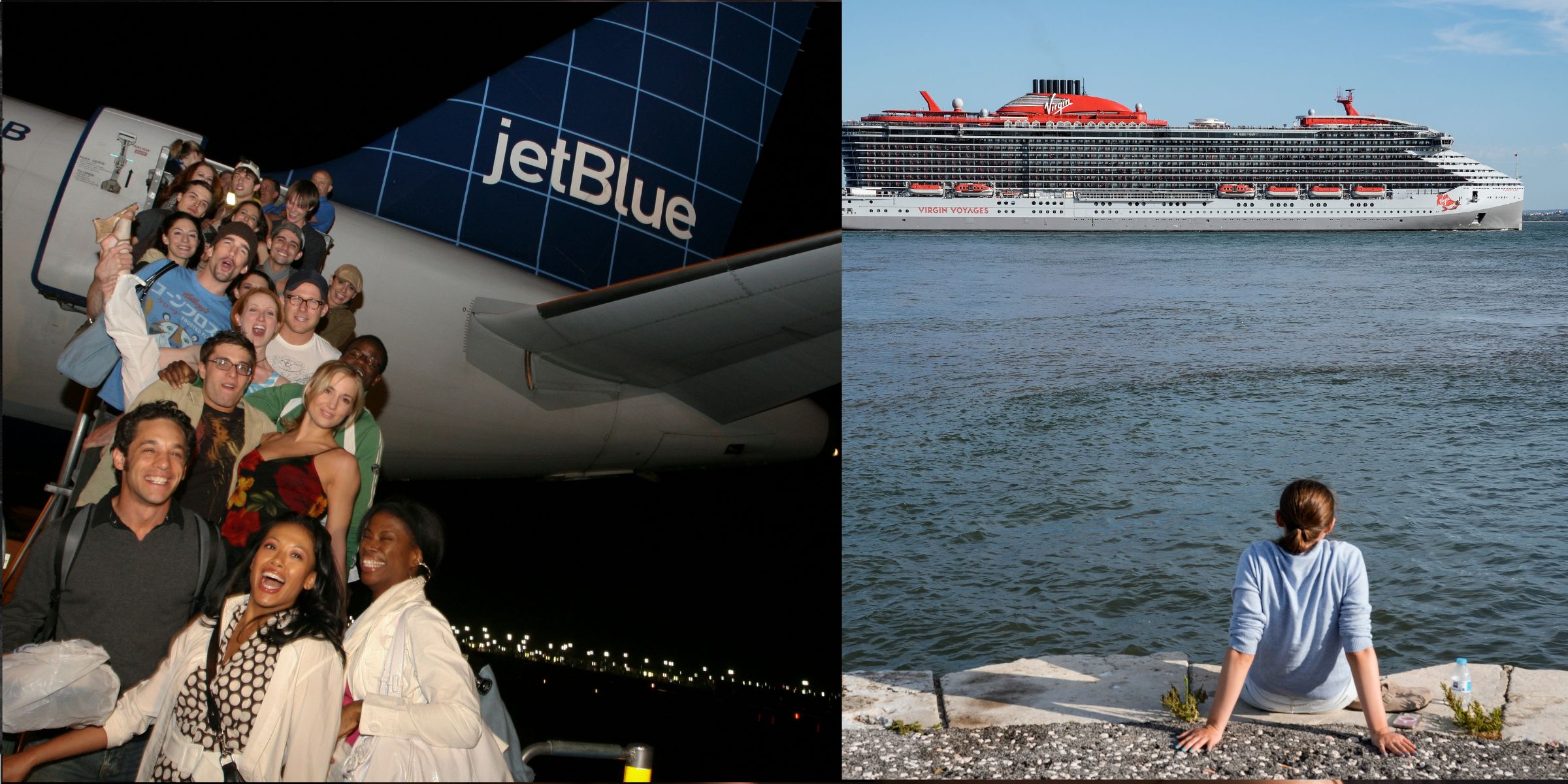 Passengers boarding a JetBlue plane | A man watching a Virgin Voyages cruise ship from afar | Source: Getty Images